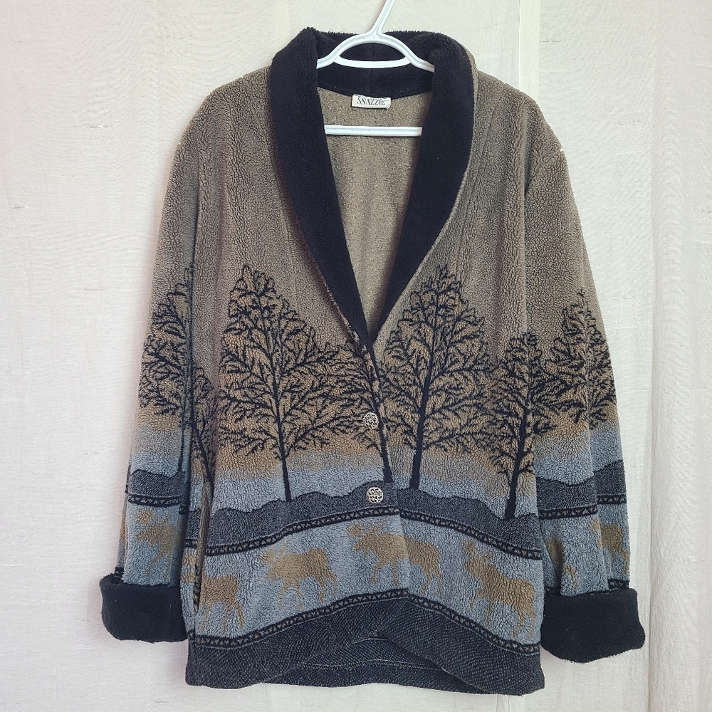 Vintage Snazzie Women's S Cardigan Jacket Grey Brown Tree Moose Cabincore Fleece